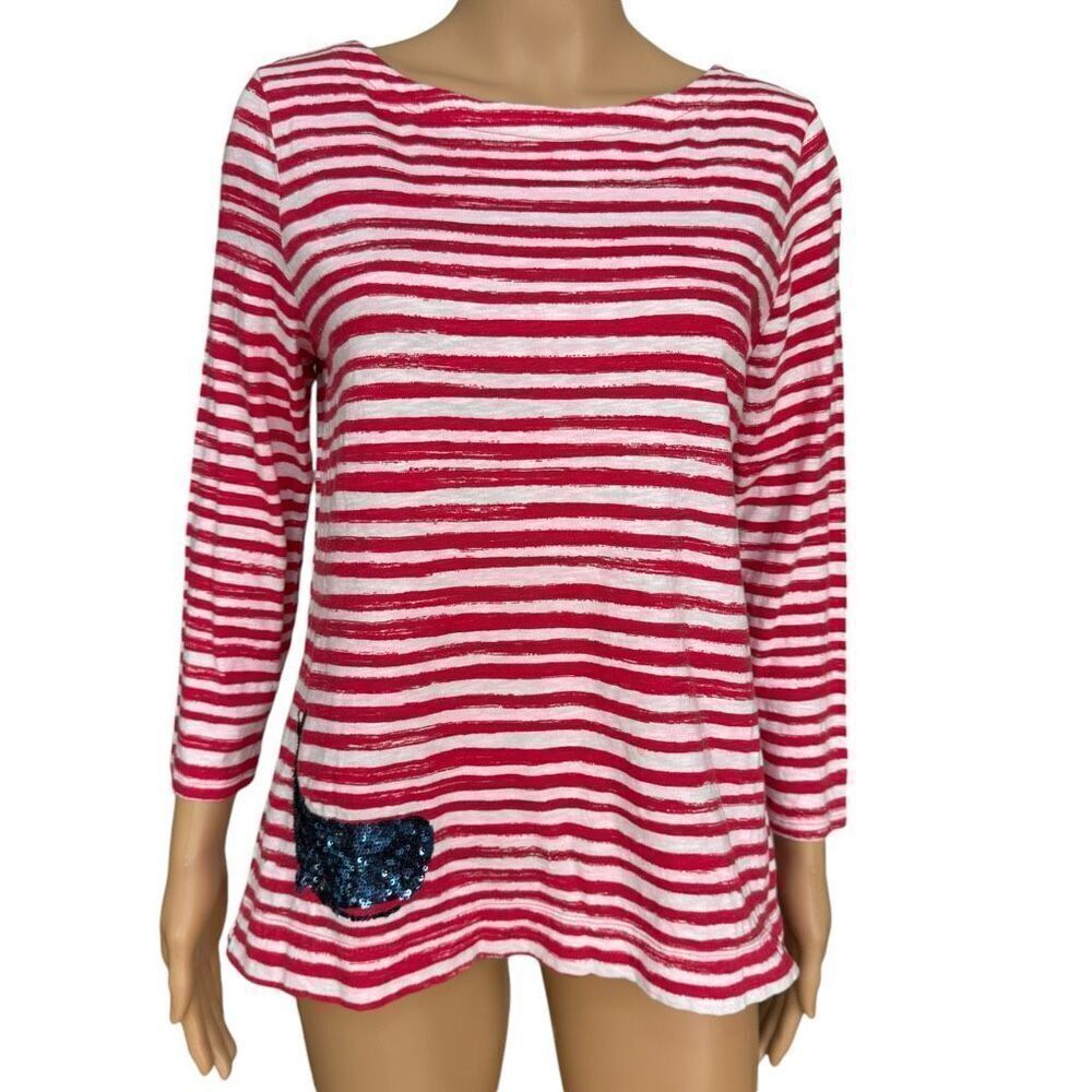Talbots Top Women's Red Striped Sequin Whale Print Nautical 100% Cotton size M